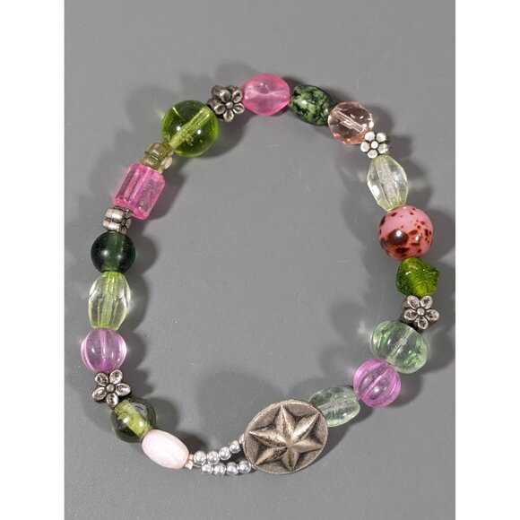 Green Pink Glass Bead Flower Toggle Bracelet Boho Festival Beachy 7" Star - Picture 7 of 9